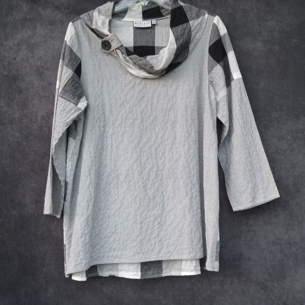 Habitat Women's Tunic Top Small Black White Plaid Stripe Button Artsy‎ Lagenlook